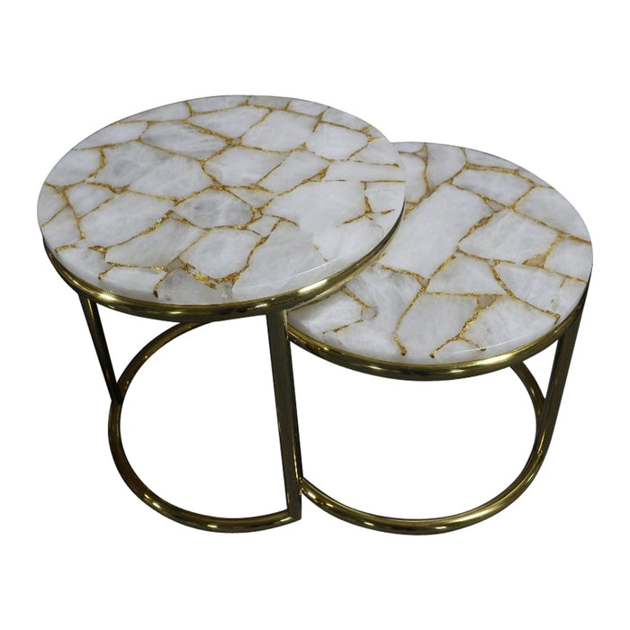 Infinity White Quartz And Gold Leaf Nesting Table Set With Gold Metal Frame