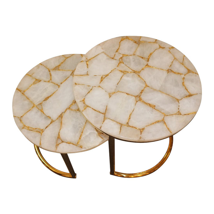 Infinity White Quartz And Gold Leaf Nesting Table Set With Gold Metal Frame