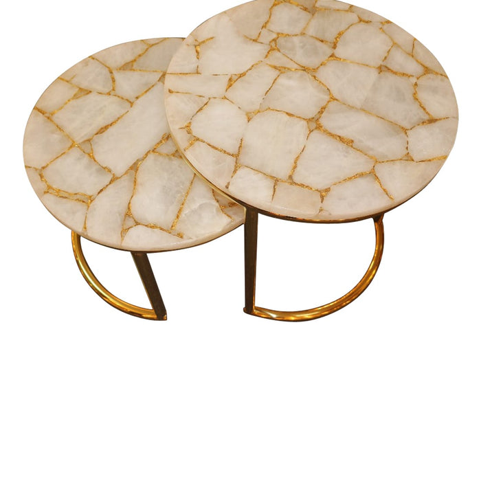 Infinity White Quartz And Gold Leaf Nesting Table Set With Gold Metal Frame