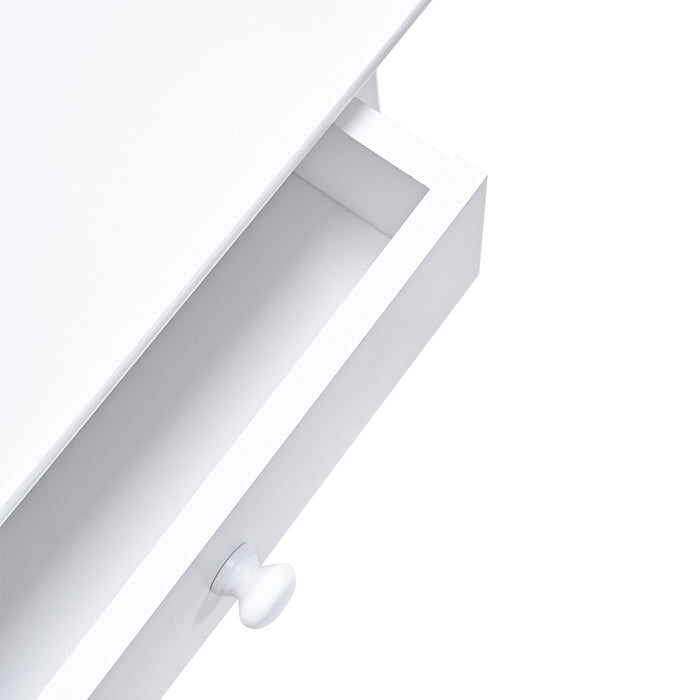 Open white [Brand] drawer with a round knob handle.
