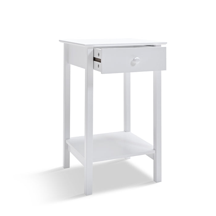 [Brand] white side table with drawer and bottom shelf.