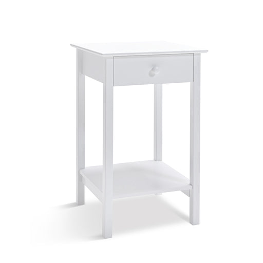 White wooden side table with drawer and shelf, [Brand].