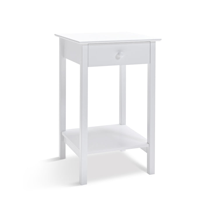 White wooden side table with drawer and shelf, [Brand].