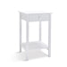 White wooden side table with drawer and shelf, [Brand].