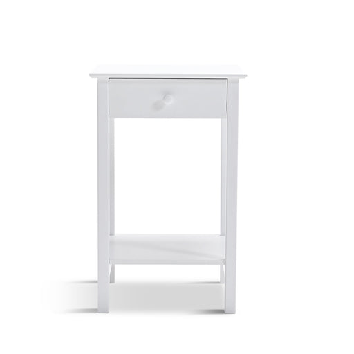 [Brand] white bedside table with drawer and lower shelf.