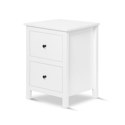 White [Brand] nightstand with two black-handled drawers.