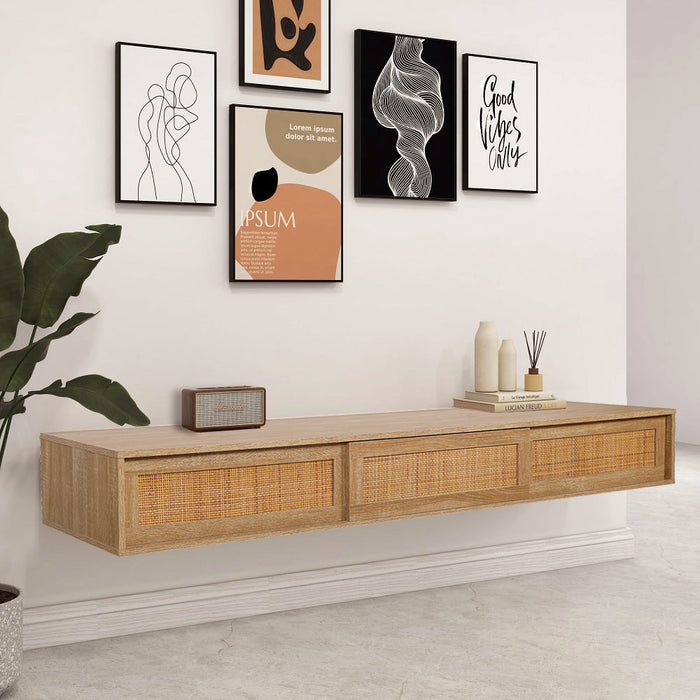 Floating Wall Mounted TV Stand Rattan Sliding Door Hover Entertainment Unit Oak