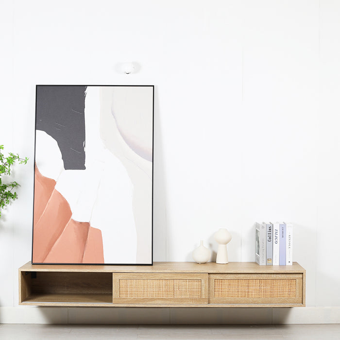 Floating Wall Mounted TV Stand Rattan Sliding Door Hover Entertainment Unit Oak