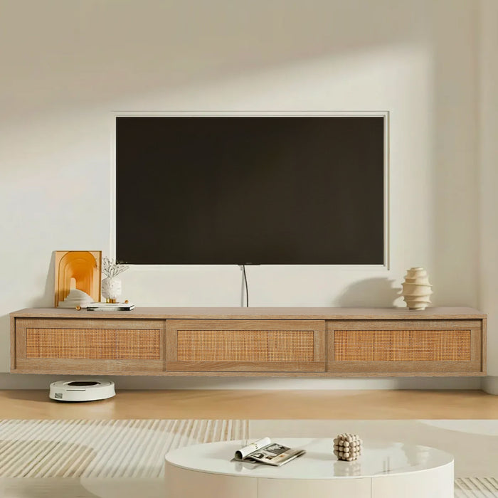 Floating Wall Mounted TV Stand Rattan Sliding Door Hover Entertainment Unit Oak
