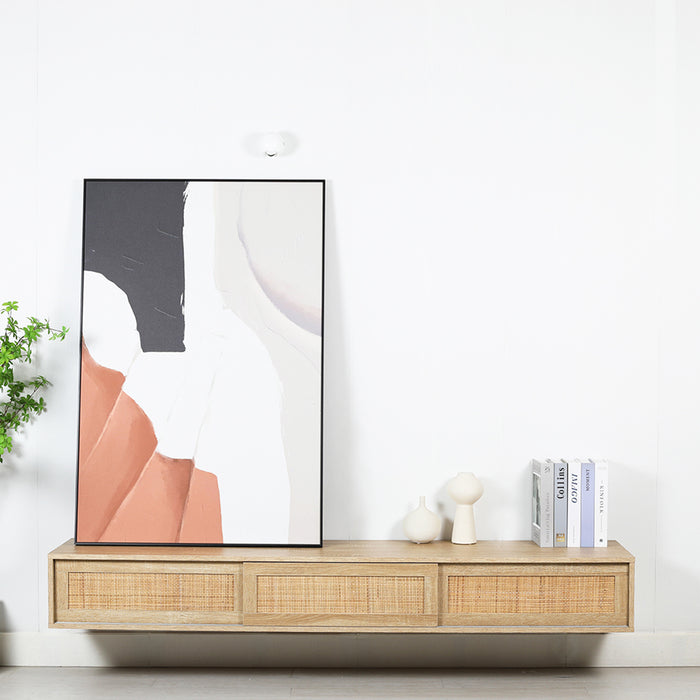 Floating Wall Mounted TV Stand Rattan Sliding Door Hover Entertainment Unit Oak