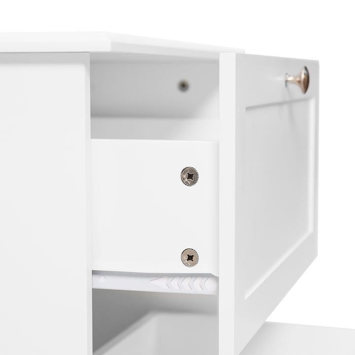 [Brand] white cabinet with open drawer showing inside screws.