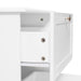 [Brand] white cabinet with open drawer showing inside screws.