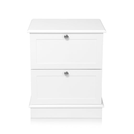 White [Brand] two-drawer cabinet with sleek silver knobs.