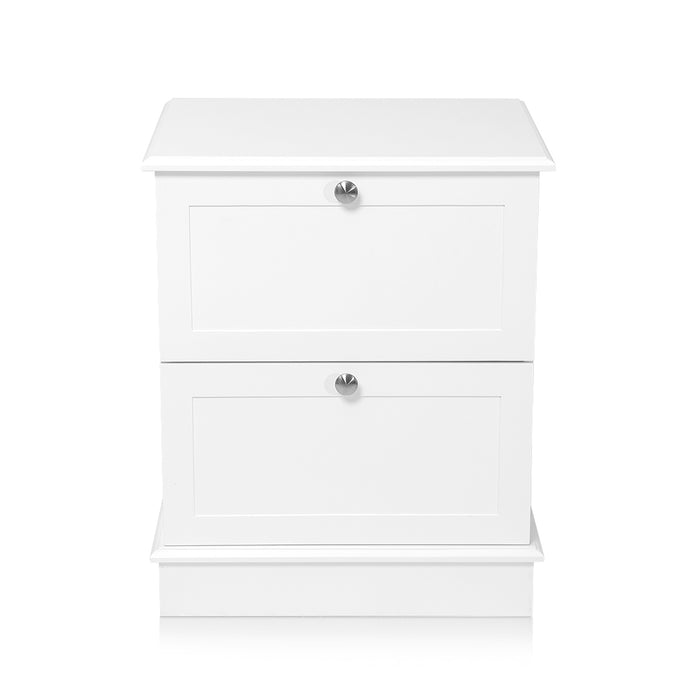White [Brand] two-drawer cabinet with sleek silver knobs.