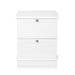 White [Brand] two-drawer cabinet with sleek silver knobs.