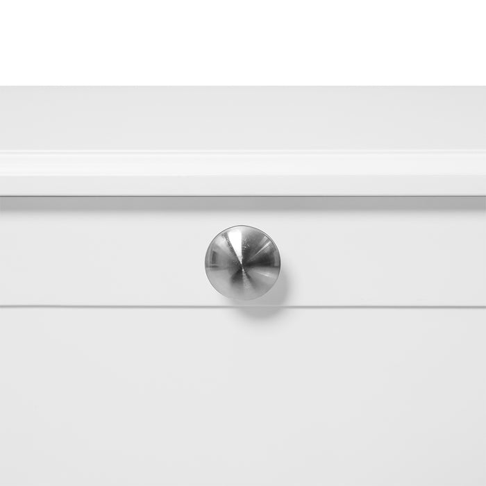 [Brand] white cabinet with sleek silver round drawer knob.