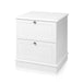 White [Brand] two-drawer filing cabinet with silver knobs.