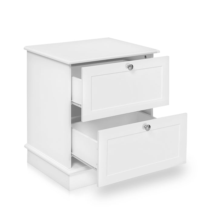 [Brand] white two-drawer nightstand, both drawers slightly open.