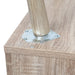 Wooden table leg attached to top with [Brand] screws.