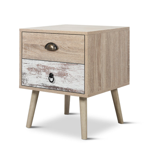 [Brand] nightstand with two-tone drawers and wooden legs.