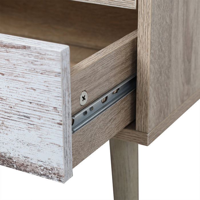 Open wooden drawer with metal slider, [Brand] rustic design.