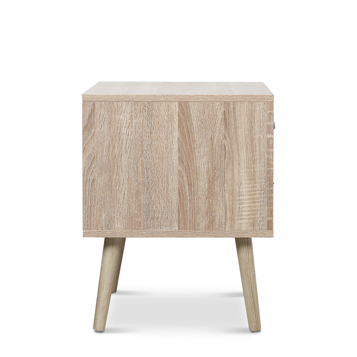 [Brand] wooden nightstand with natural finish and four tapered legs.