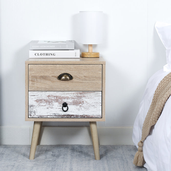 [Brand] wooden nightstand with books and lamp, cozy setting.