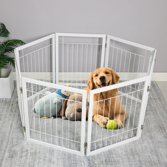 Freestanding Metal Pet Gate 4 Panel Foldable Fence White
