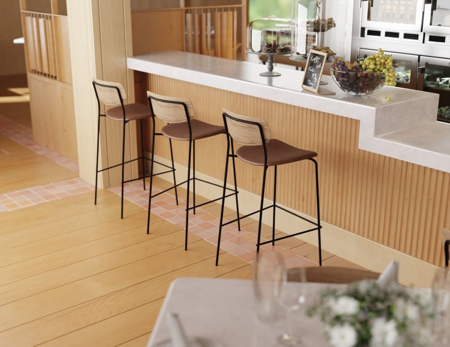 Rylie Stool - Padded Seat with Natural Backrest - 65cm Kitchen Height - Black Vegan Leather Seat