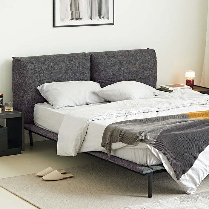 Grey Fabric Platform Bed With Headboard Pillows - King Size