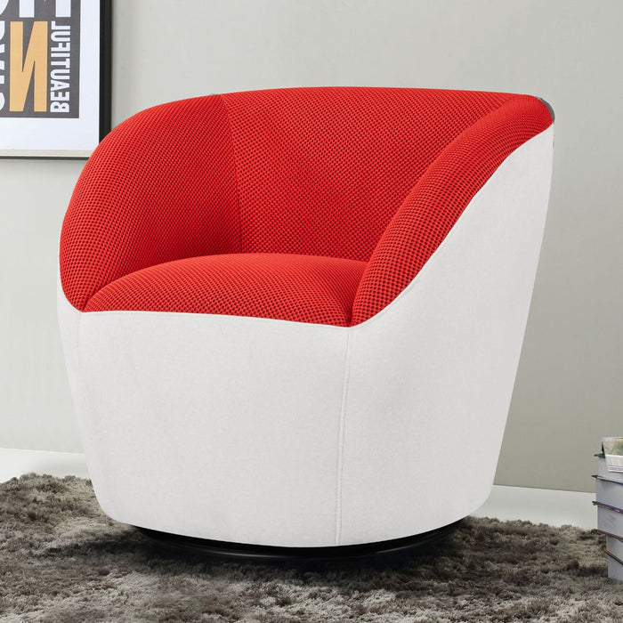 Vortex Swivel Chair Red textured fabric upholstery with White felt back and base