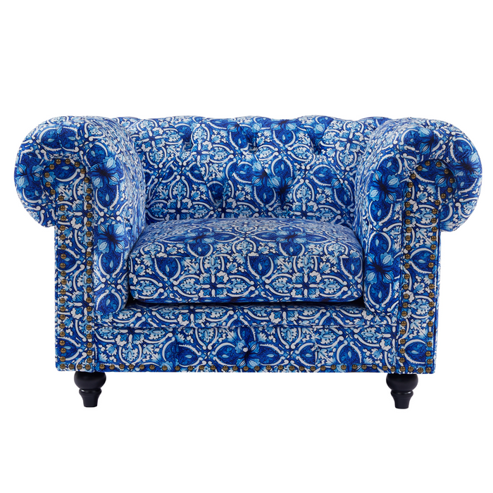 Chesterfield Arm Chair Digital Print Moroccan Blue Velvet