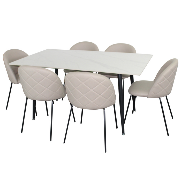 Fiore 7 Pce Dining White Marble with Florin Technology Fabric Chairs