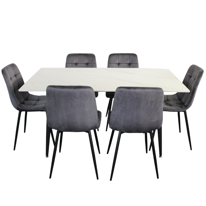Fiore 7 Pce Dining White Marble/Grey Velvet Chairs
