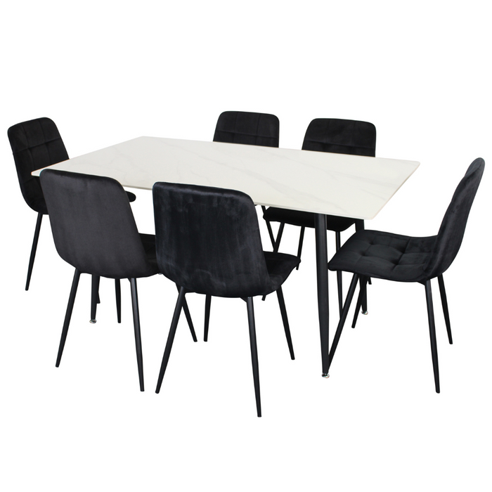 Fiore 7 Pce Dining White Marble/Black Velvet Chairs