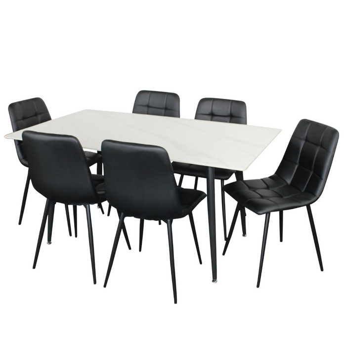 Fiore 7 Pce Dining White Marble/Black Faux Leather Chairs
