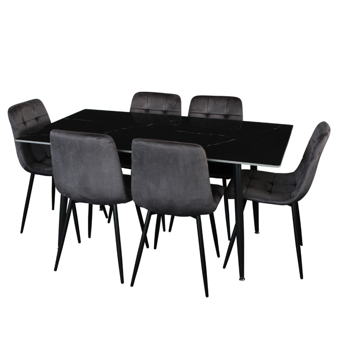 Fiore 7 Pce Dining Black Marble/Grey Velvet Chairs