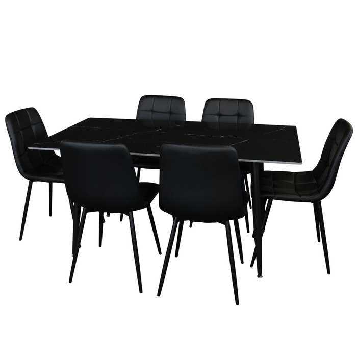 Fiore 7 Pce Dining Black Marble/Black Faux Leather Chairs