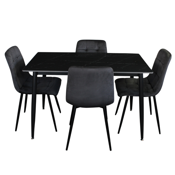 Fiore 5 Pce 120 X 70 Dining Black Marble/Grey Velvet Chairs
