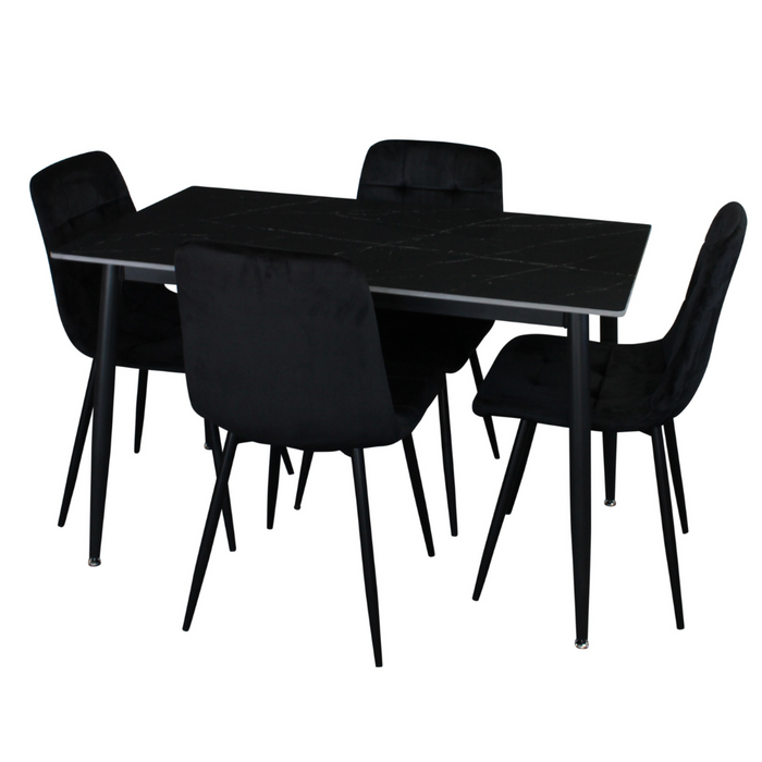 Fiore 5 Pce 120 X 70 Dining Black Marble/Black Velvet Chairs