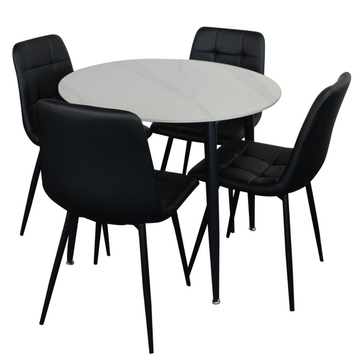 Fiore 5 Pce Round Dining White Marble/Black Velvet Chairs