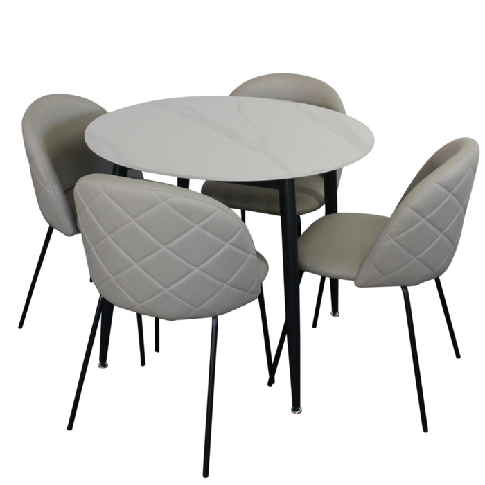 Fiore 5 Pce Round Dining White Marble With Florin Technology Fabric Chairs