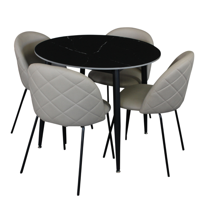 Fiore 5 Pce Round Dining Black Marble with Florin Beige Technology Fabric Chairs