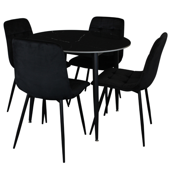 Fiore 5 Pce Round Dining Black Marble/Black Velvet Chairs