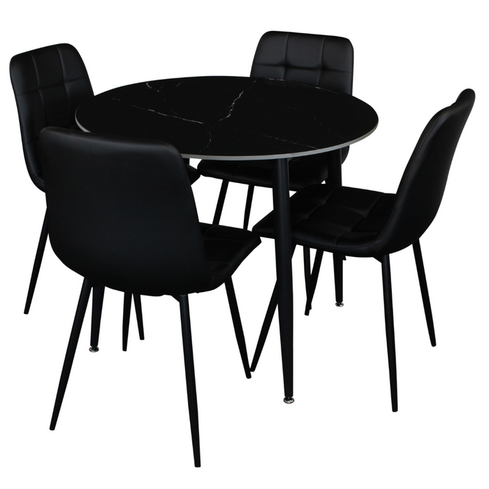 Fiore 5 Pce Round Dining Black Marble/Black Faux Leather Chairs