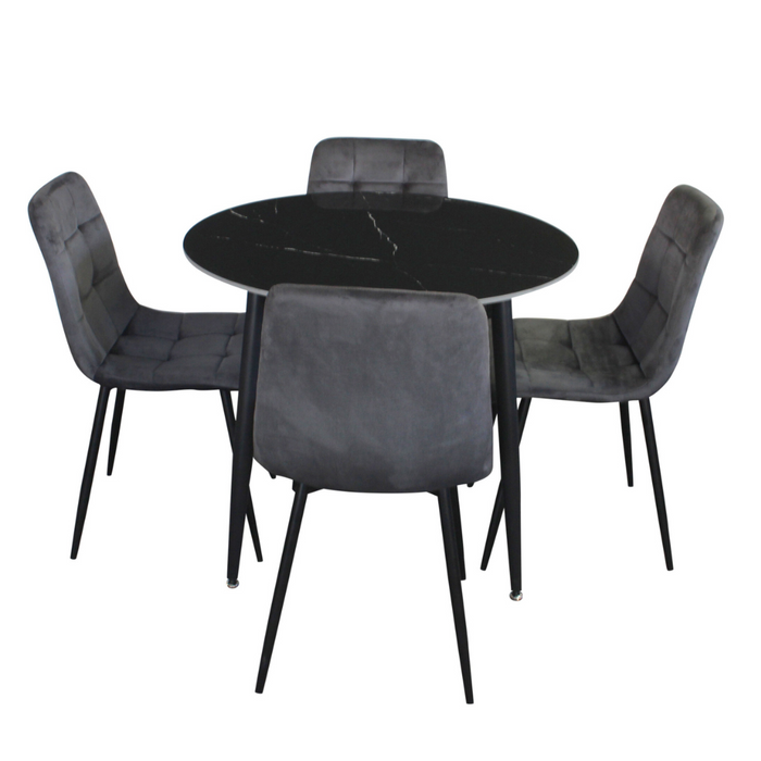 Fiore 5 Pce Round Dining Black Marble/Grey Velvet Chairs