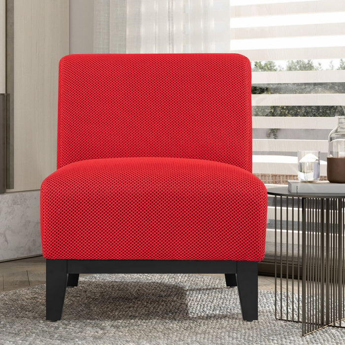 Ace Chair Red textured fabric upholstery with Dark Timber Legs