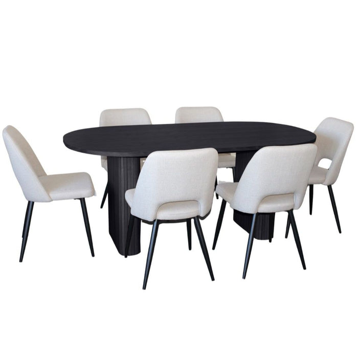 Melba 7 Pce Dining Black With Zara Chair Ivory Fabric