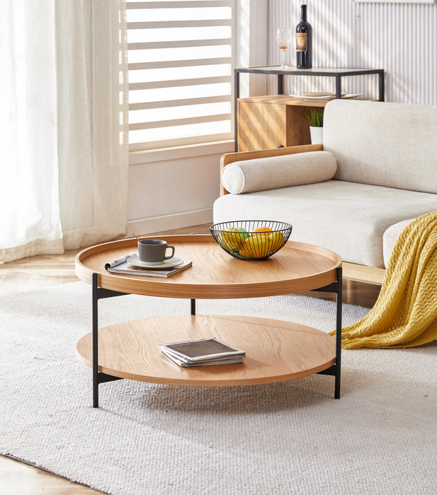 Giorgio Coffee Table With Shelf , Round Oak Veneer