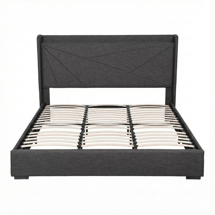 Artiss King Bed Frame Gas Lift Storage Bed with Charging Ports Upholstered Geometric Headboard Charcoal Grey